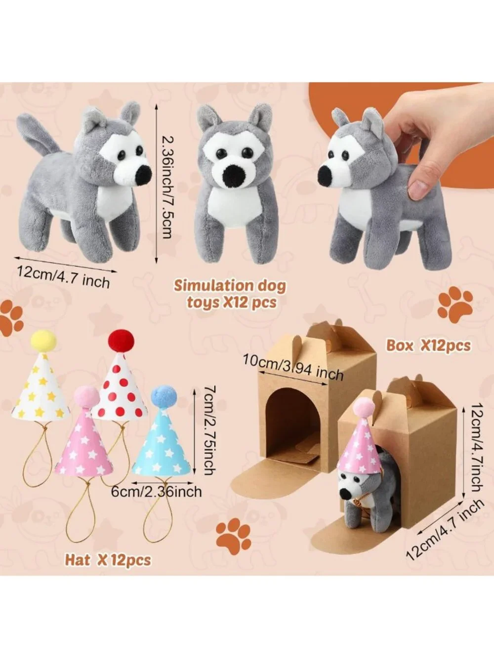 12 Mini Plush Dog Stuffed Animals Set with Birthday Hats & Gift Boxes - Party